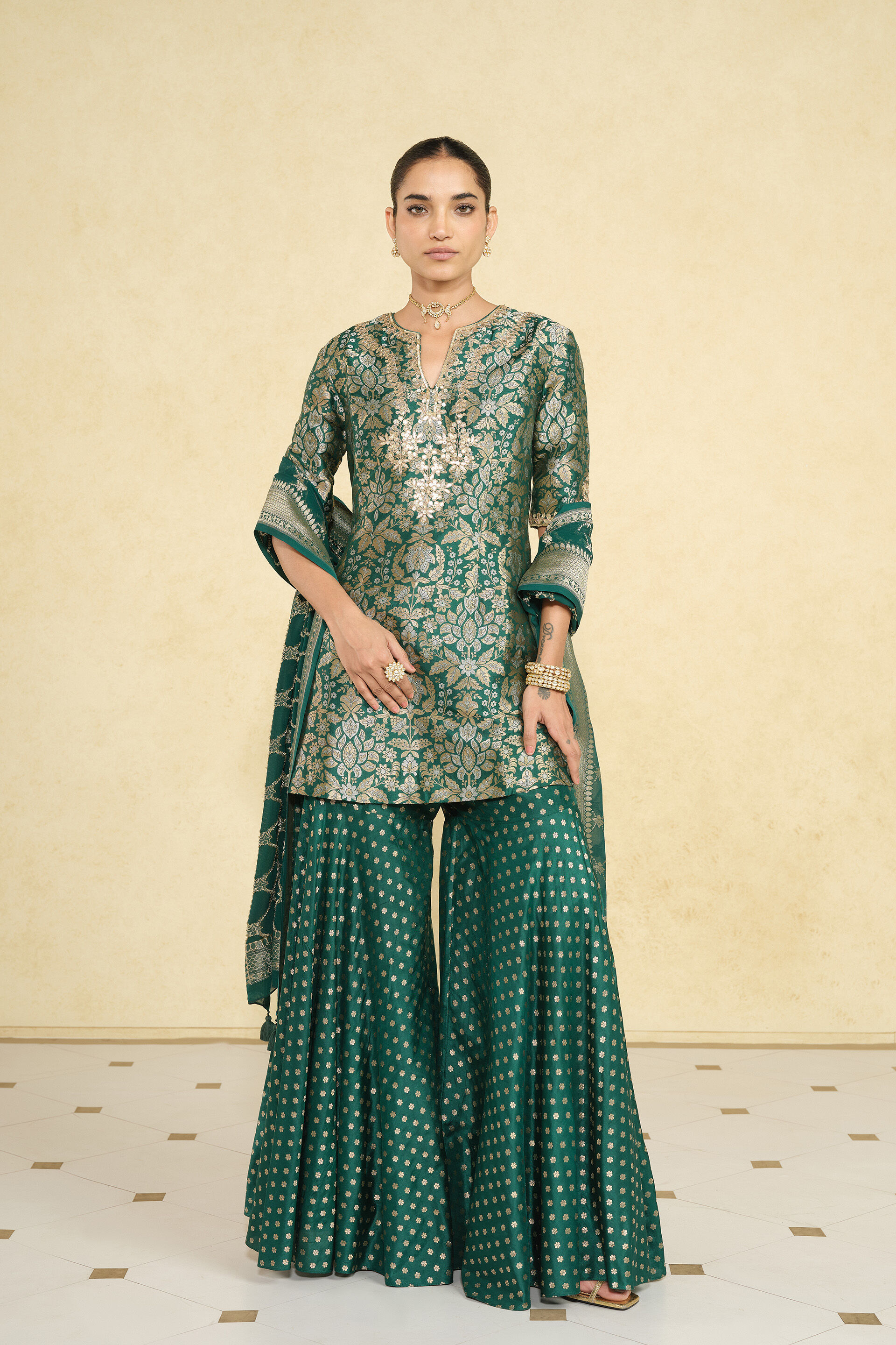 Khevna Handwoven Benarasi Silk Sharara Set - Green